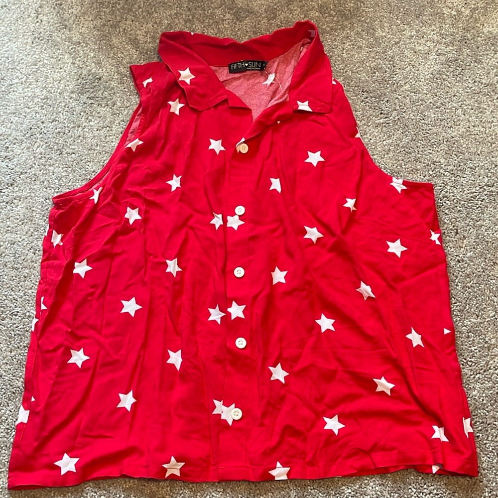 Red and White Star button up, sleeveless shirt